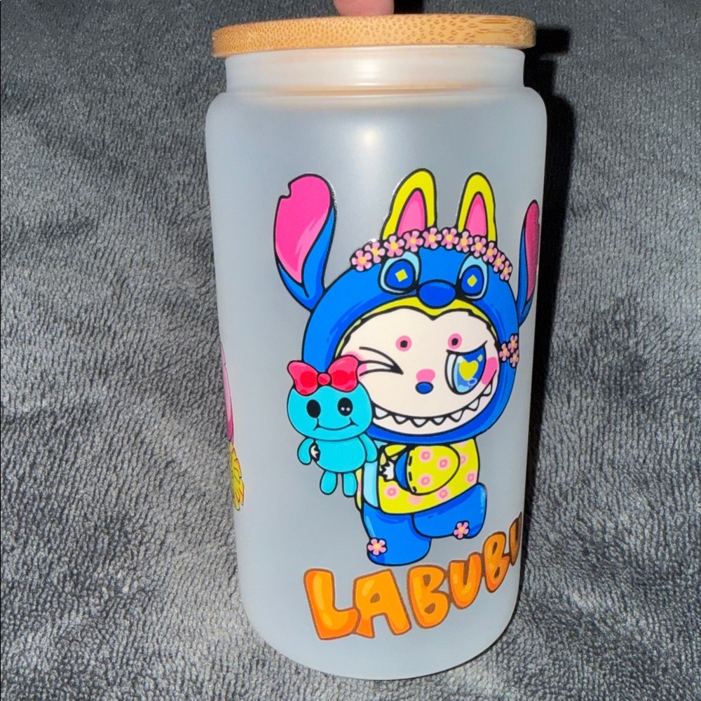 Frosted Blue Character Glass Tumbler  with Bamboo Lid